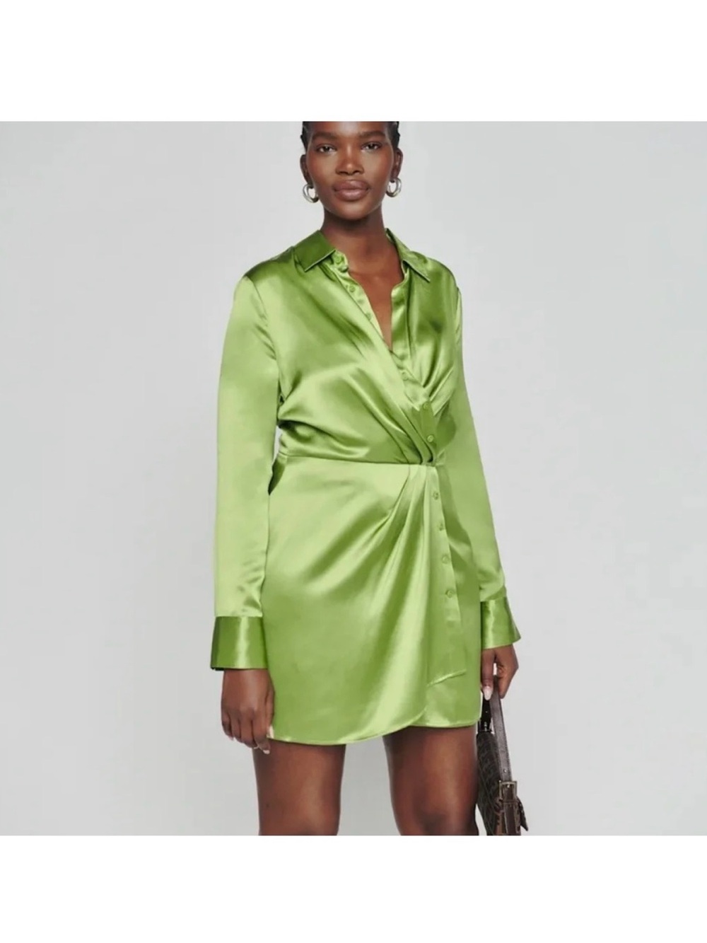 Reformation Silk Twist-Front Shirt Dress - Green